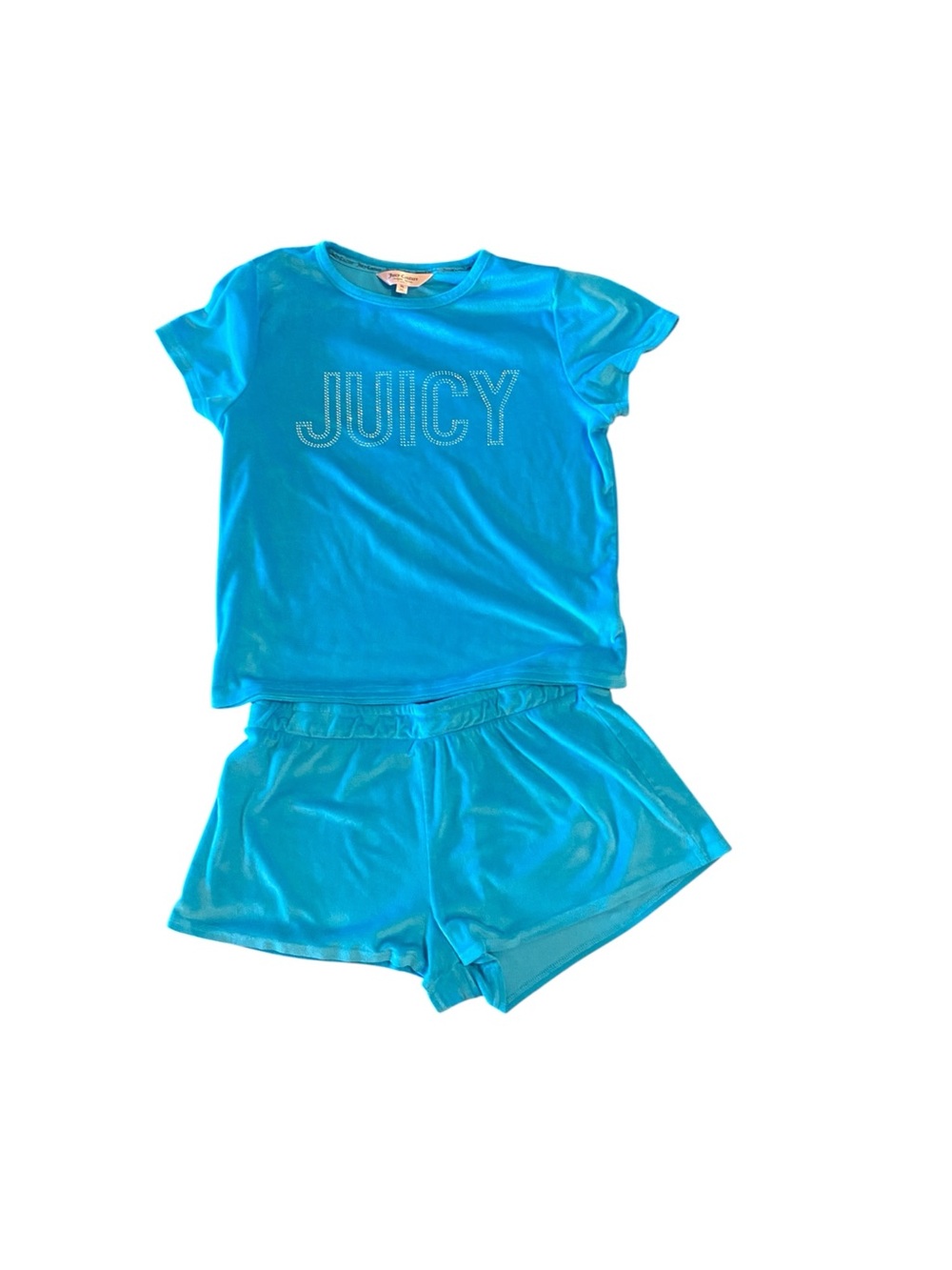 Juicy Couture' Teal 'JUICY' Velour Rhinestone Short Pajama Set Y2k Loungwear PJs